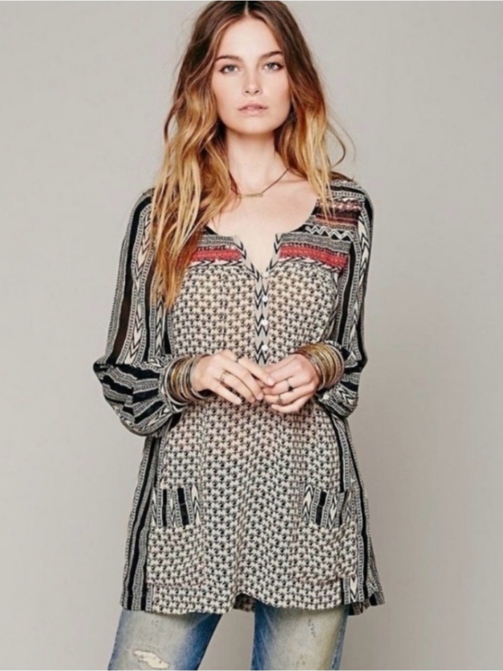 Free People Feather in the Wind Printed Semi Sheer Boho Tunic Top